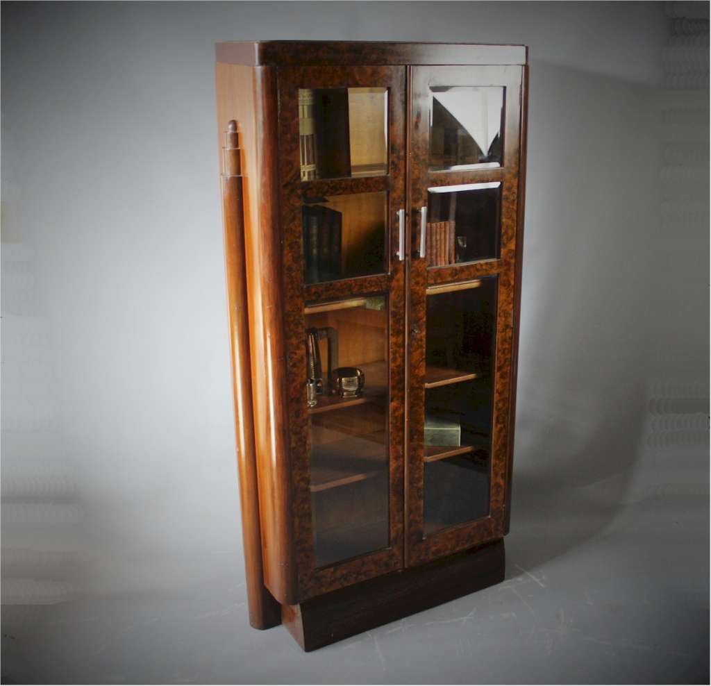 Art Deco walnut bookcase display cabinet