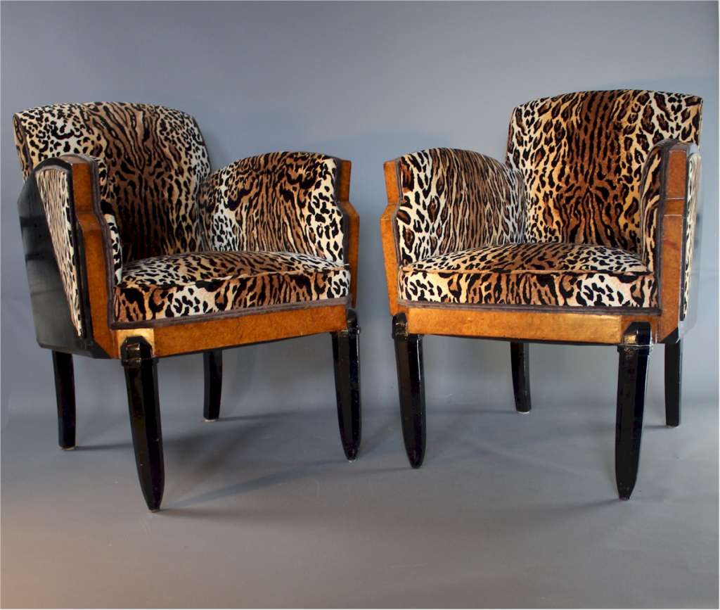 Art Deco pair of lounge chairs wood trim and sides Art Furniture