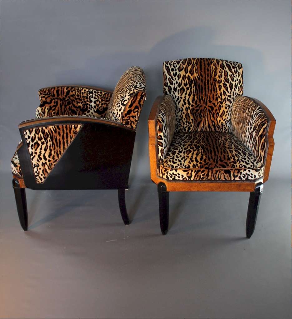 Art Deco pair of salon chairs wood trim and sides
