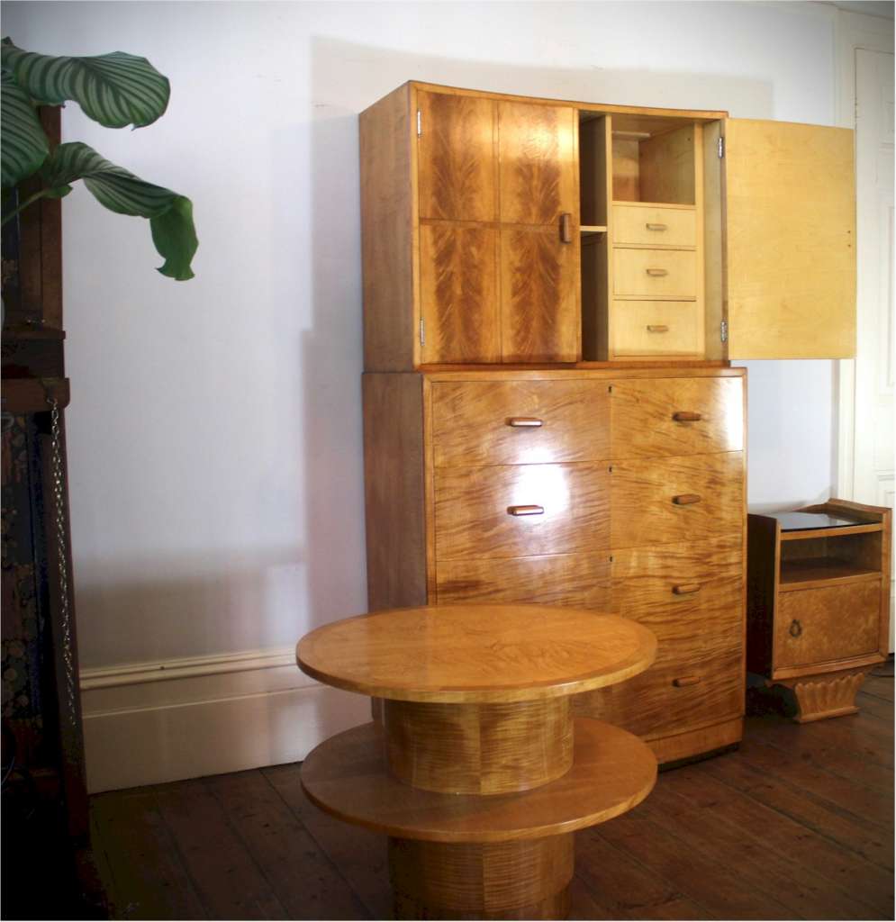 Art Deco blonde wood tallboy