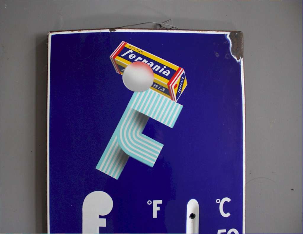 Ferrania enamel advertising thermometer sign