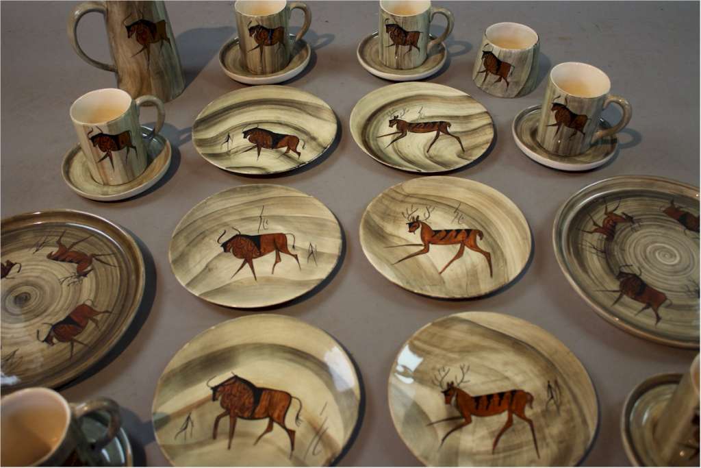 French 1950's coffee set depicting Lascaux cave drawings