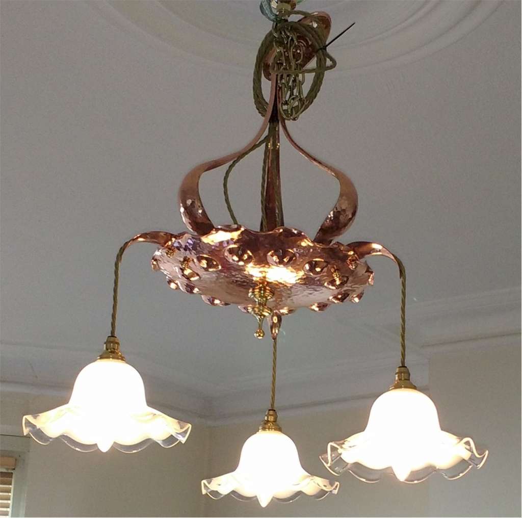 Arts and crafts ceiling light in polished copper and brass