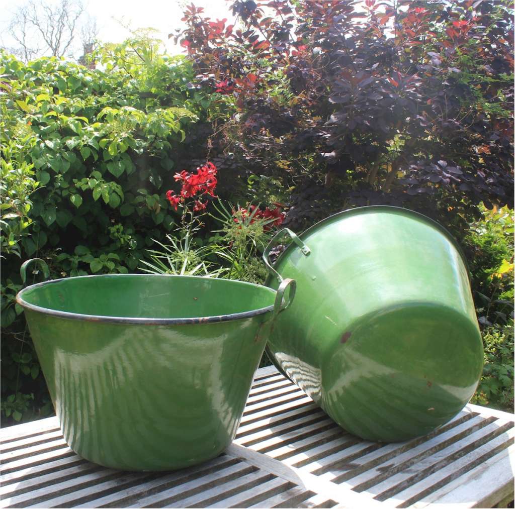 Pair Of Green Enamelled Planters