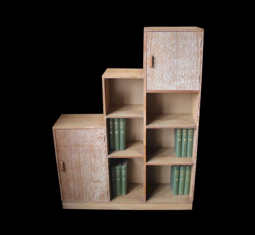 Heals modernist limed oak stepped bookcase