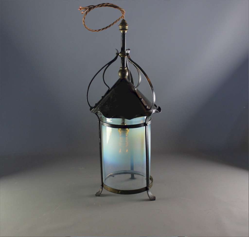 Arts and crafts iron and vaseline shade lantern