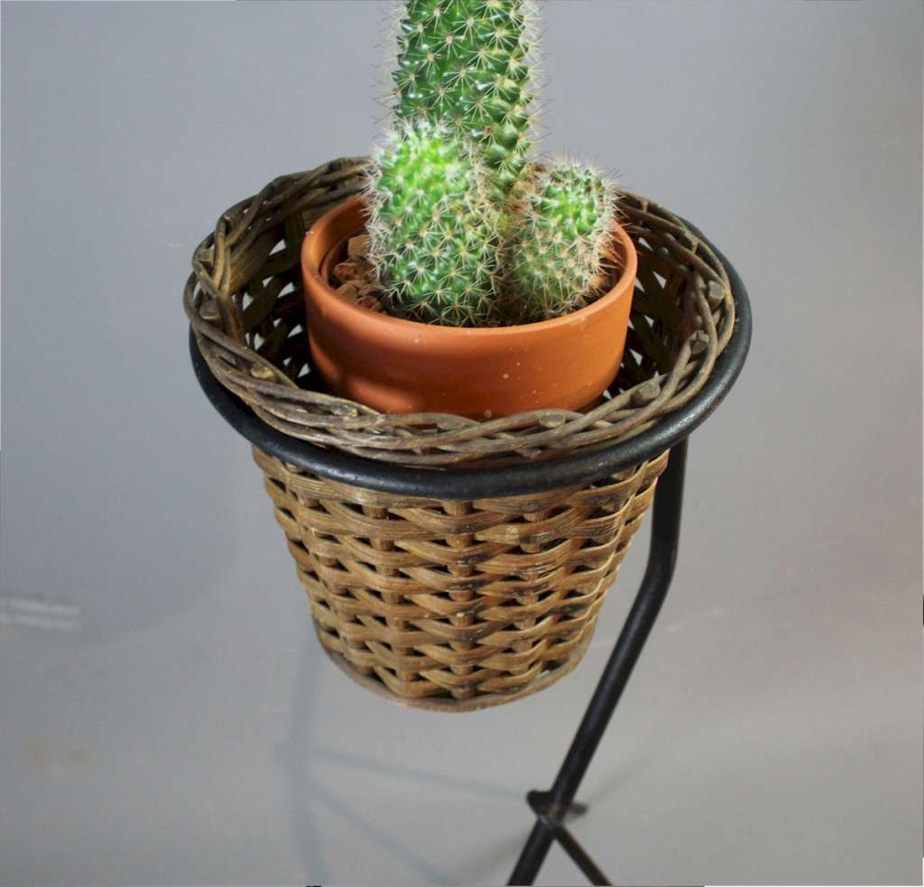 Mid-Century French wicker planter on iron stand