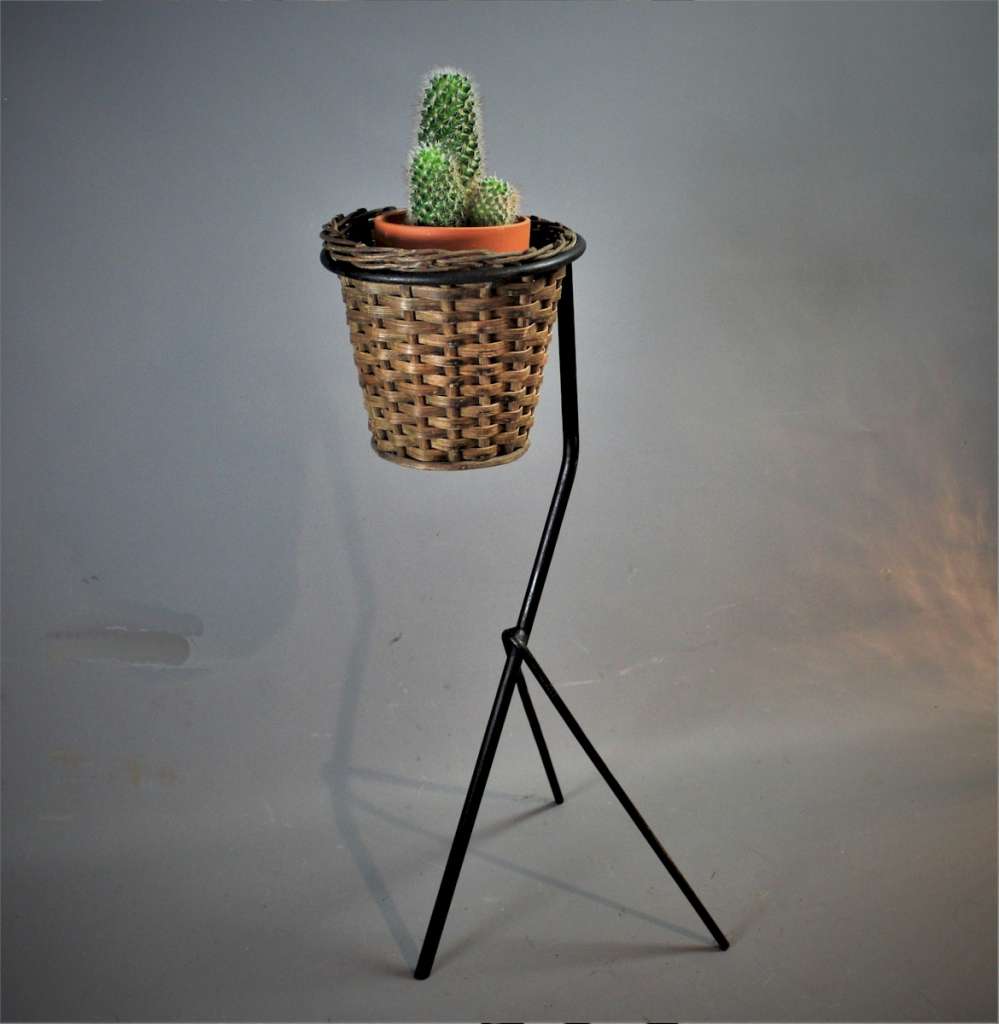 Mid-Century French wicker planter on iron stand