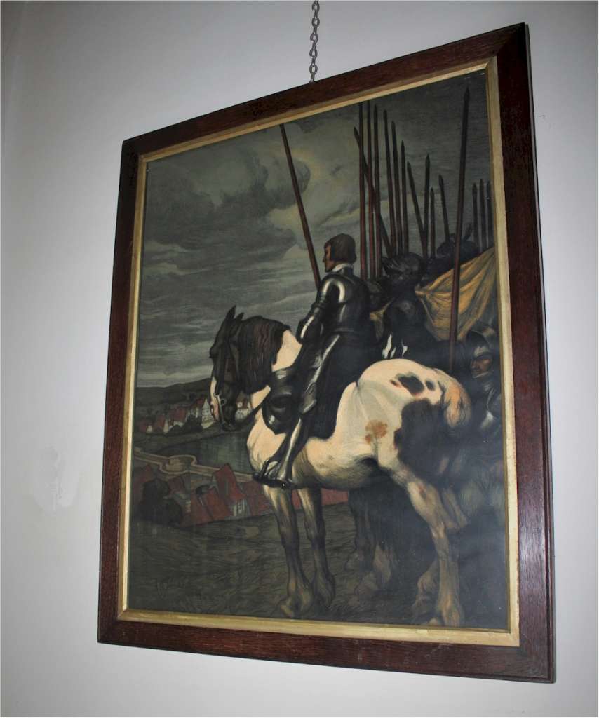 Arts and Crafts oak framed lithograph of a horseman entering a village by A. Jank.