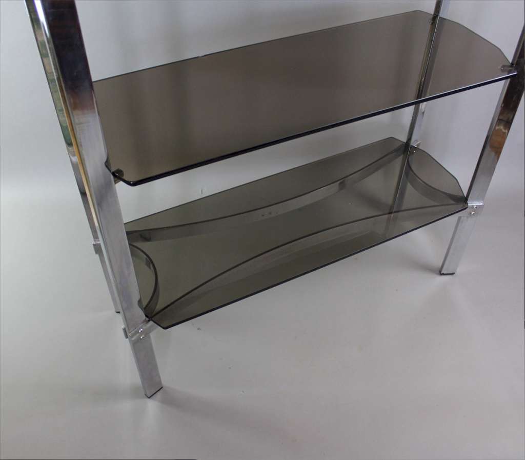 Merrow Associates chrome shelf unit with four smoked glass shelves