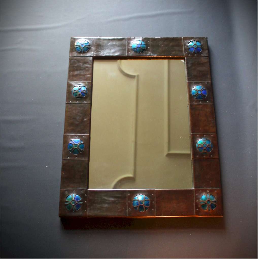 Arts and crafts copper mirror with enamel roundels