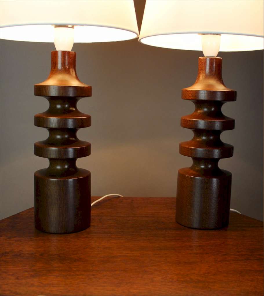 Pair of 1960's tall turned teak mid-century table lamps