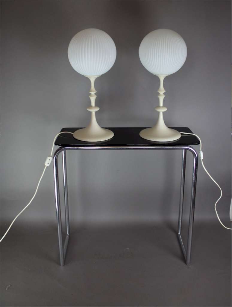 Fabulous pair of 1960's white painted turned wooden table lamps