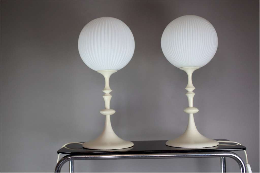 Fabulous pair of 1960's white painted turned wooden table lamps