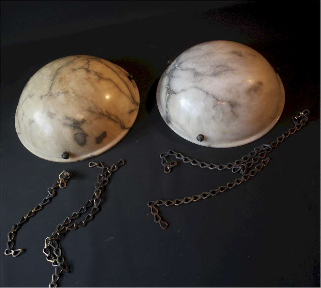 Pair of Alabaster ceiling bowl shades with hooks
