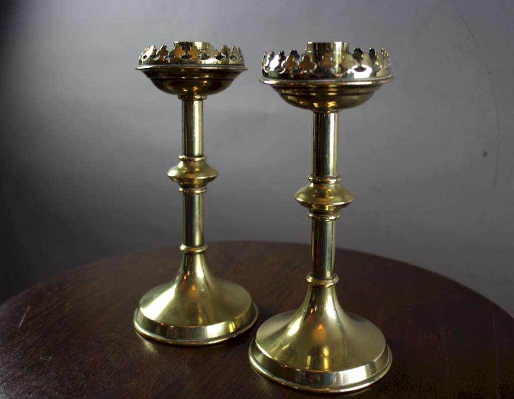 Pair of Victorian Gothic brass candlesticks c1890's