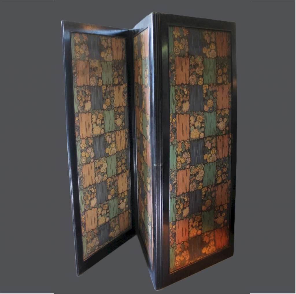 Three Fold Ebonised screen with double sided fabric