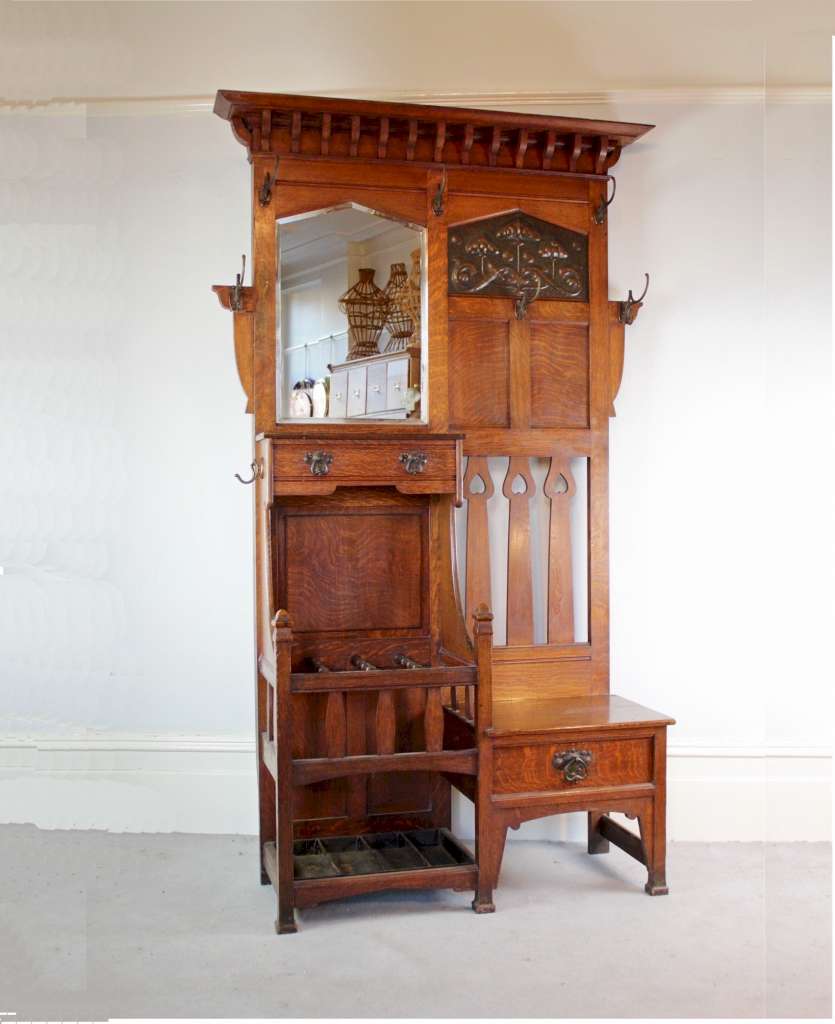 Arts and Crafts hallstand by Shapland and Petter c1900 in oak with copper panel