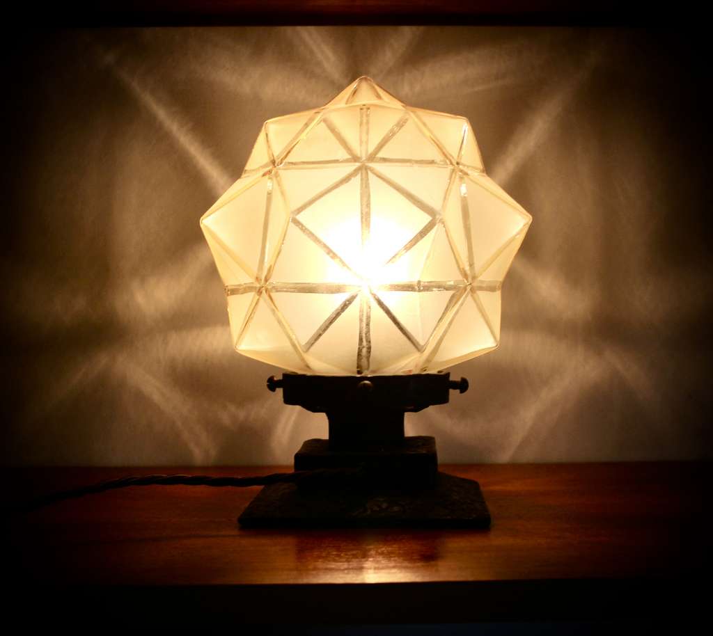 Art Deco iron lamp base with sunburst shade