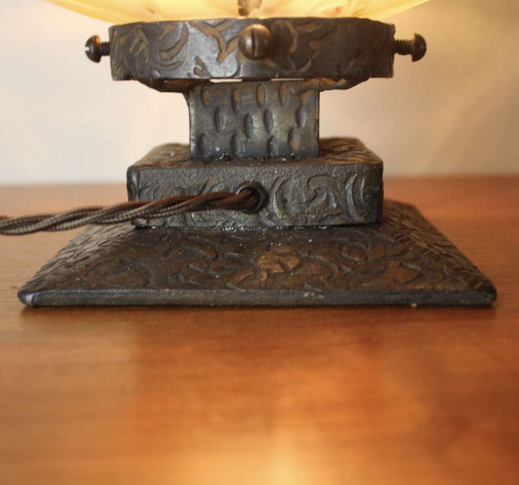 Art Deco iron lamp base with sunburst shade