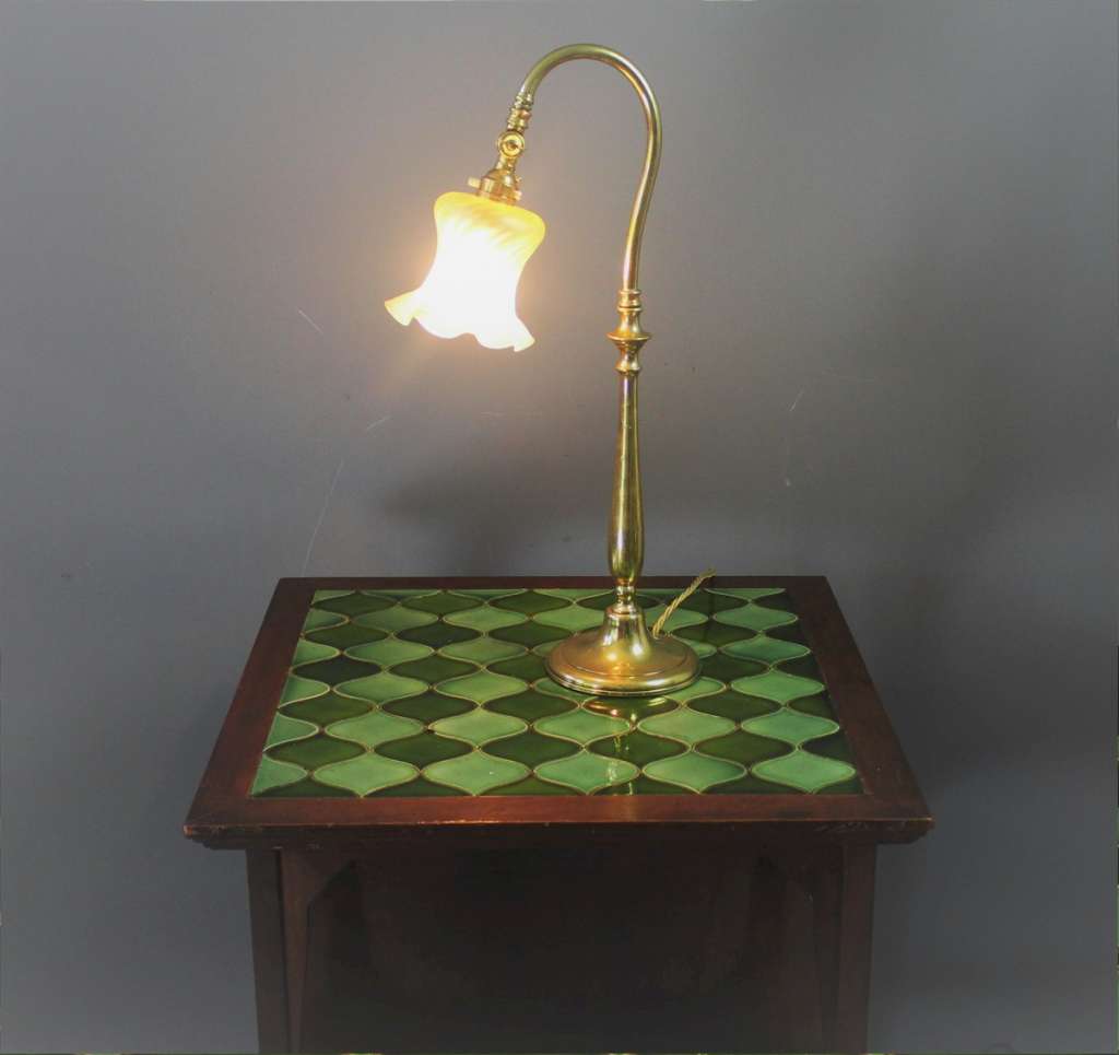Edwardian Swan neck brass table lamp with Vaseline shade Art Furniture