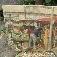 Oil on canvas market scene in London during the 1970's by Shireen Faircloth `78
