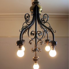 Arts and Crafts five branch hanging lamp made from iron and brass