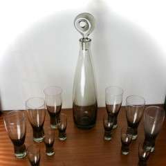 Per Lutken smoky grey glass Aristocrat decanter and twelve glasses.