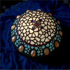 Arts and crafts abalone shell and blue glass plafonnier ceiling shade
