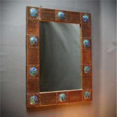 Arts and crafts copper mirror with enamel roundels