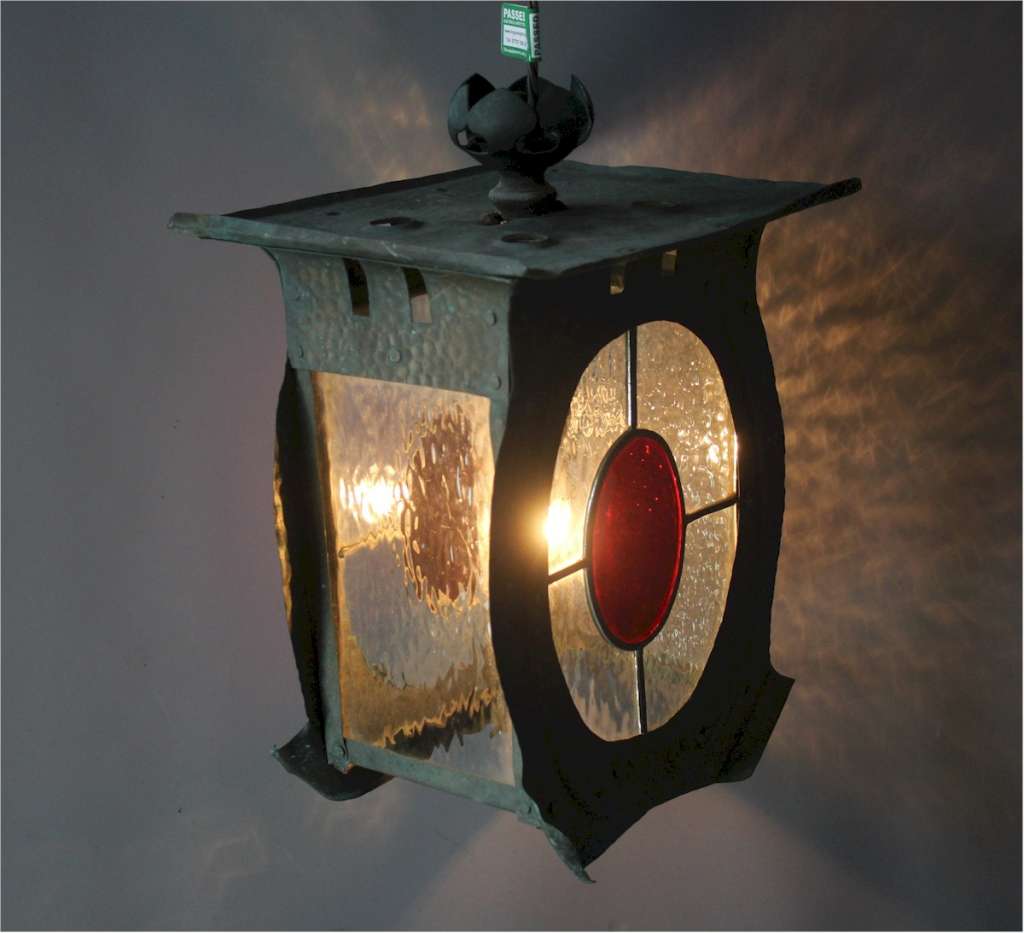 Arts and Crafts  hall lantern in Verdigris copper