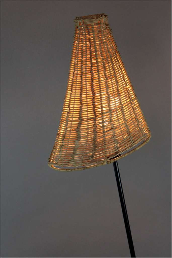Mid Century floor lamp metal legs and wicker shade by Hans Bergstrous